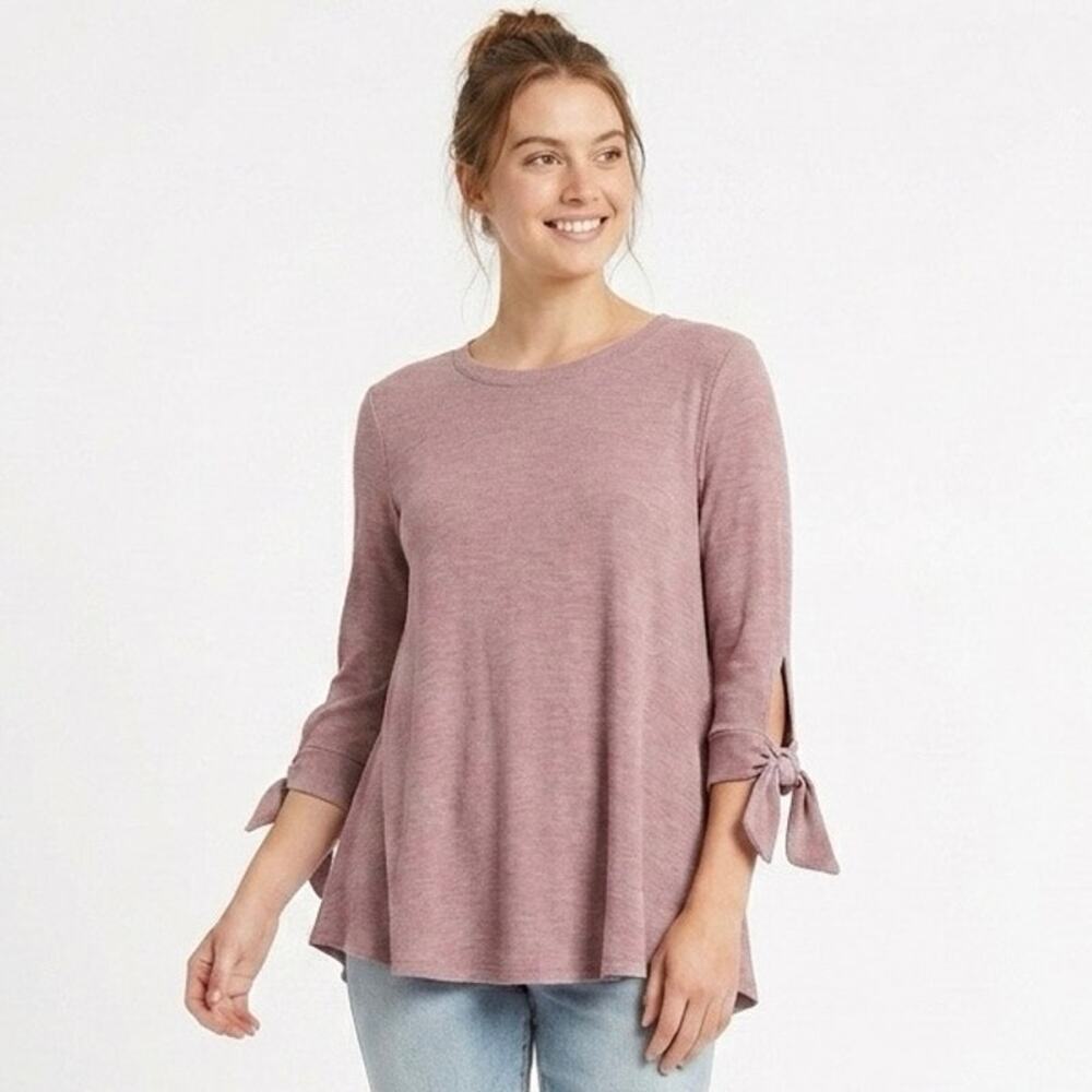 Altar'd State Women's Knit Top Size S Purple Ribbed Tied 3/4 Sleeve Crew Neck